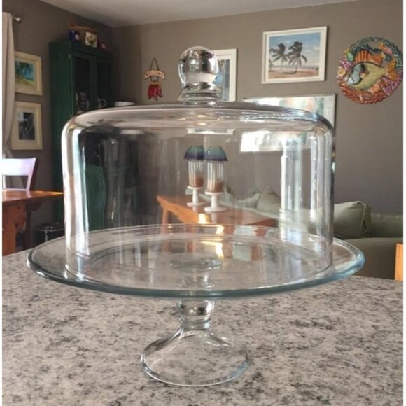 New Selene Glass Cake Stand with Dome Lid, Elegant Curved Footed Glass Cake - Picture 2 of 2